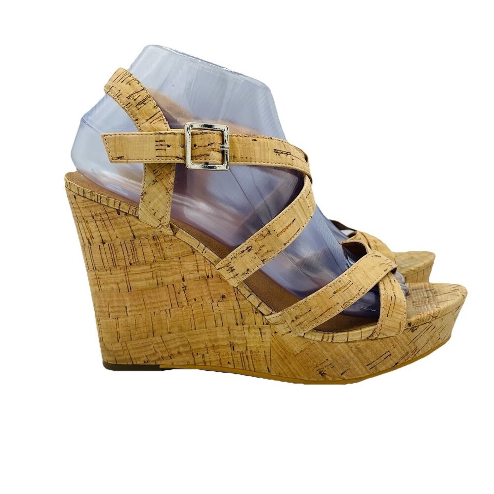 BP Womens Shoes Size 9 M Cork Strappy Wedge Ankle Strap High Heels Sandals